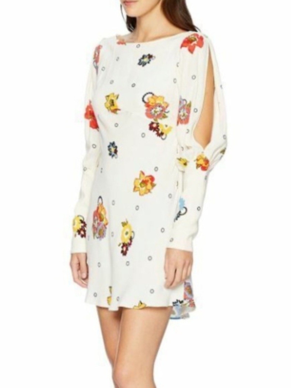 Free People White Floral Split-Sleeve Mini Dress